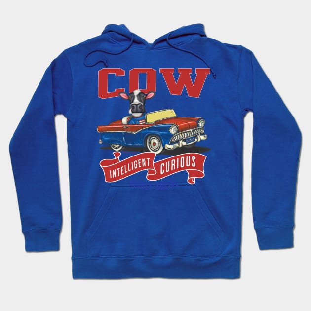 Funny and cute cow in a vintage classic retro car with red white and blue banner with personality traits tee Hoodie by Danny Gordon Art